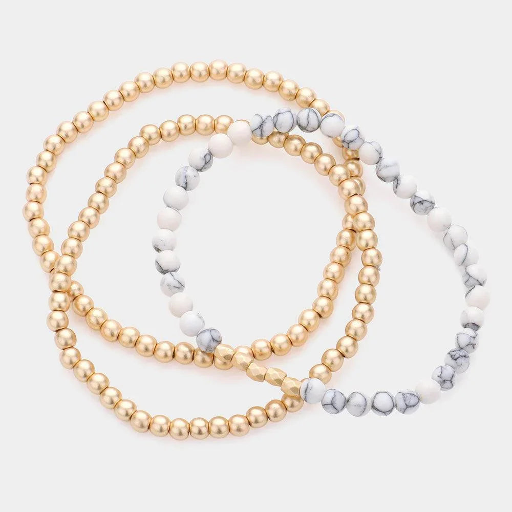 3PCS - Natural Stone Metal Ball Beaded Stretch Bracelets - Jewelry Store by Erik Rayo