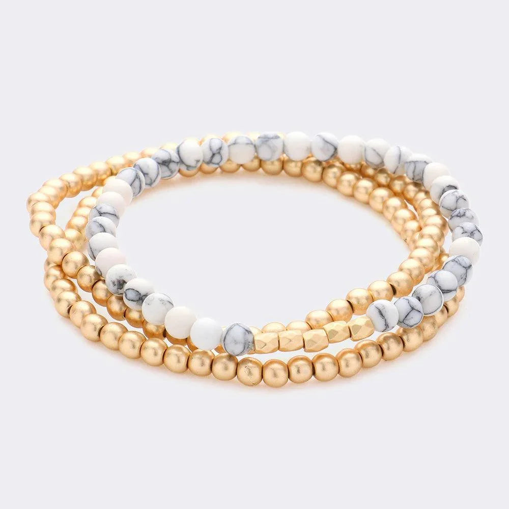 3PCS - Natural Stone Metal Ball Beaded Stretch Bracelets - Jewelry Store by Erik Rayo