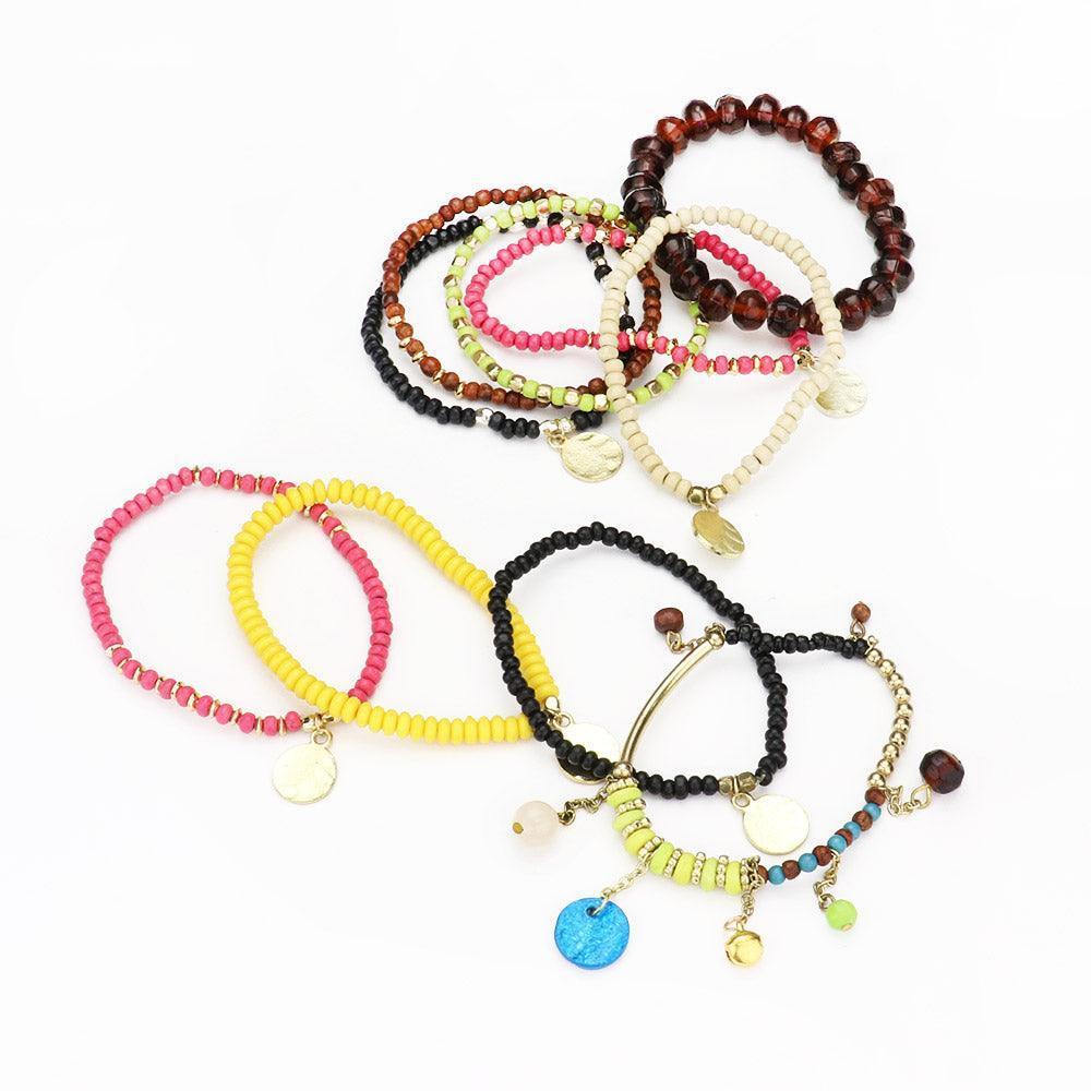 10PCS Metal Disc Charm Wood Multi Beaded Stretch Bracelets - Jewelry Store by Erik Rayo