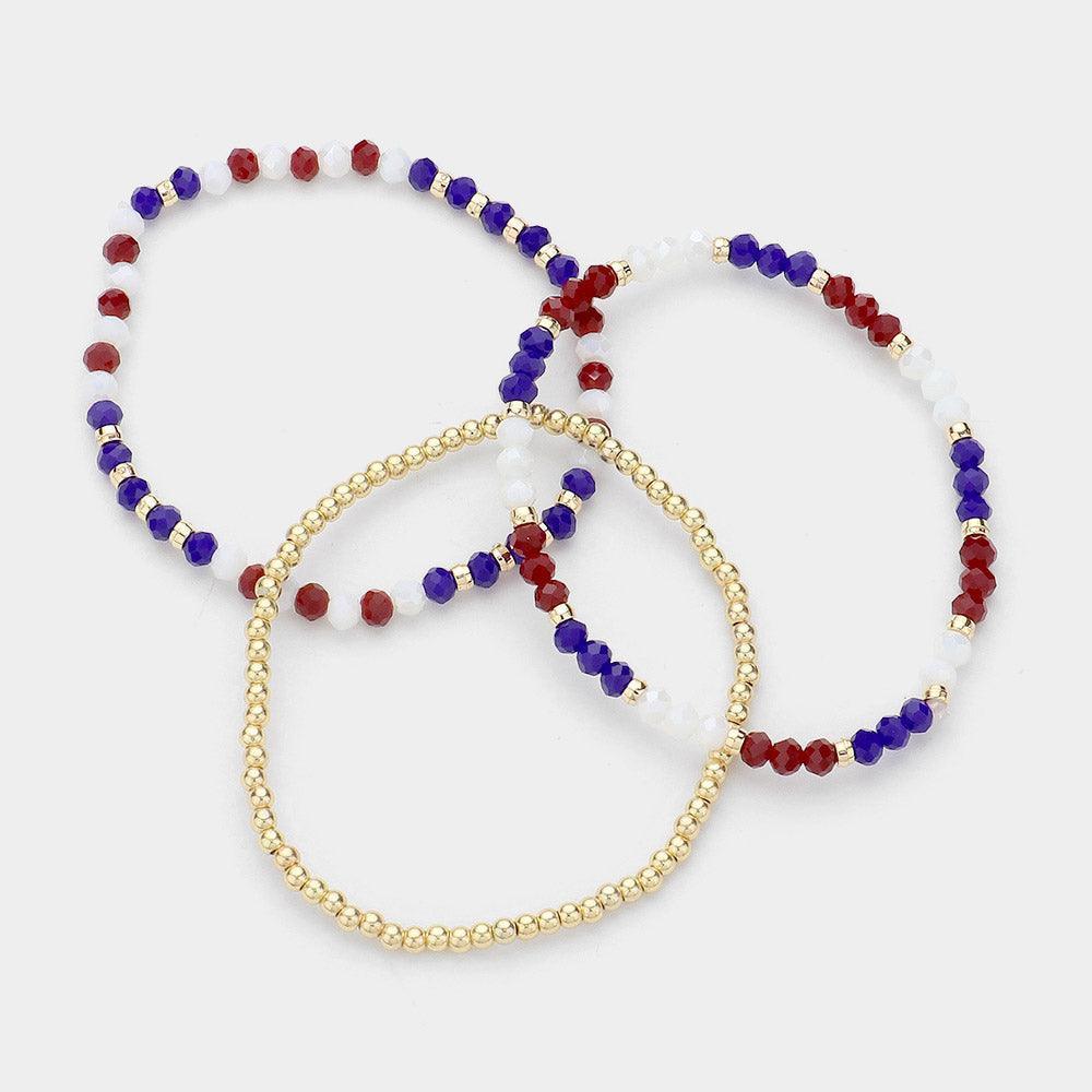3PCS - American USA Flag Colored Faceted Beaded Stretch Multi Layered Bracelets - Jewelry Store by Erik Rayo
