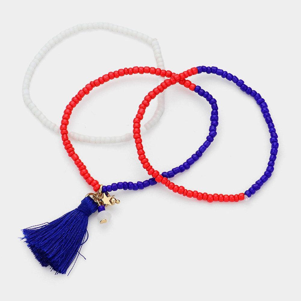 3PCS - American USA Flag Colored Tassel Pointed Faceted Beaded Stretch Multi Layered Bracelets - Jewelry Store by Erik Rayo