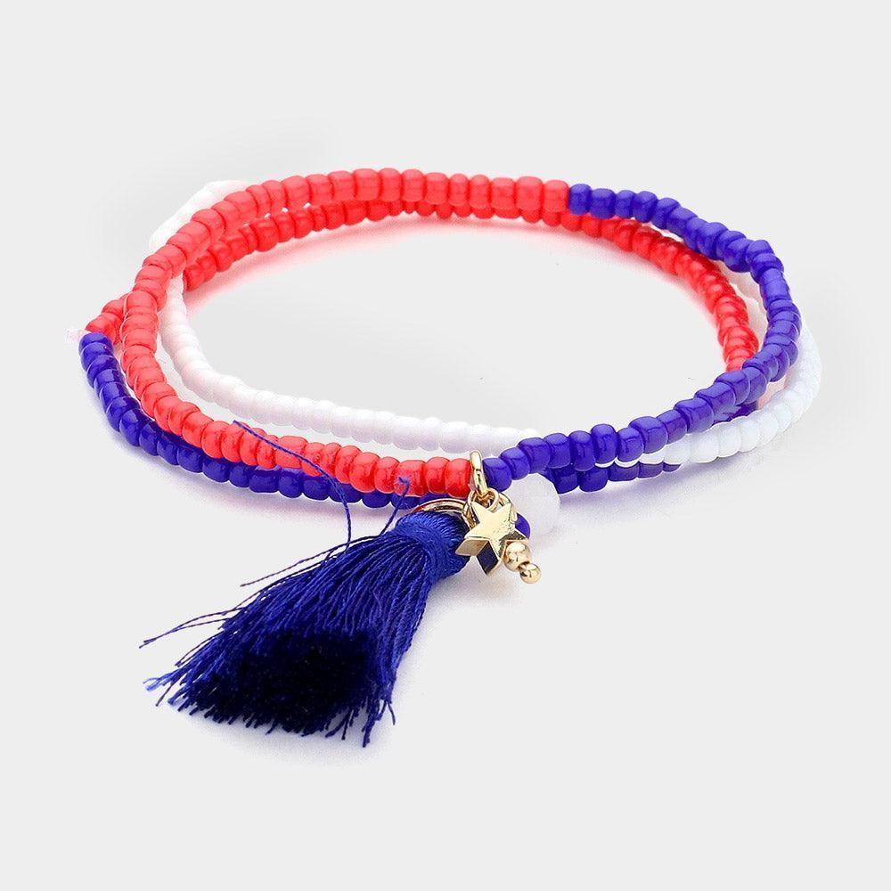 3PCS - American USA Flag Colored Tassel Pointed Faceted Beaded Stretch Multi Layered Bracelets - Jewelry Store by Erik Rayo