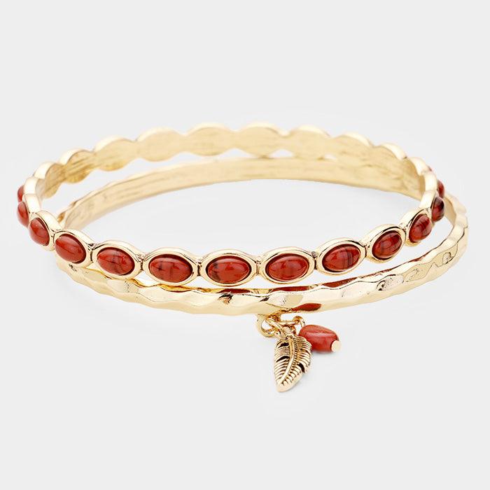 Gold 2PCS  Feather Red Coral  Charm Metal Bangle Bracelets