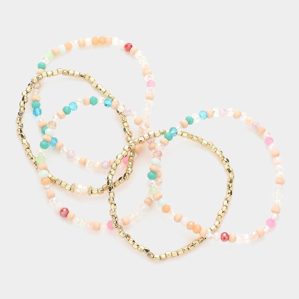 5PCS - Metal Cube Wood Ball Faceted Beaded Stretch Bracelets - Jewelry Store by Erik Rayo