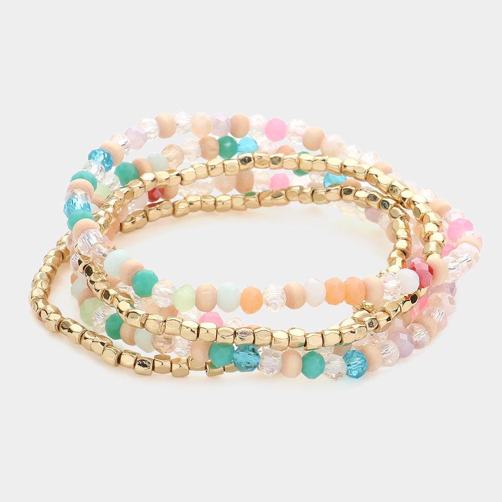 5PCS - Metal Cube Wood Ball Faceted Beaded Stretch Bracelets - Jewelry Store by Erik Rayo