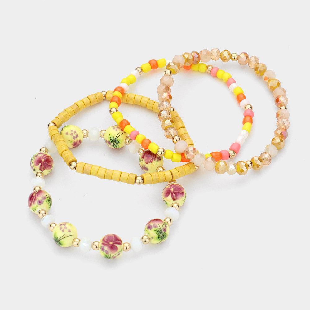 Yellow 4PCS Flower Patterned Wood Faceted Beaded Stretch Bracelets - Jewelry Store by Erik Rayo