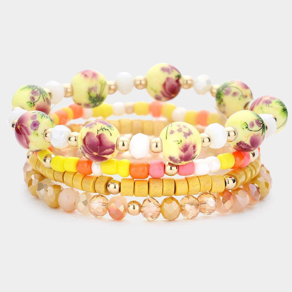 Yellow 4PCS Flower Patterned Wood Faceted Beaded Stretch Bracelets - Jewelry Store by Erik Rayo