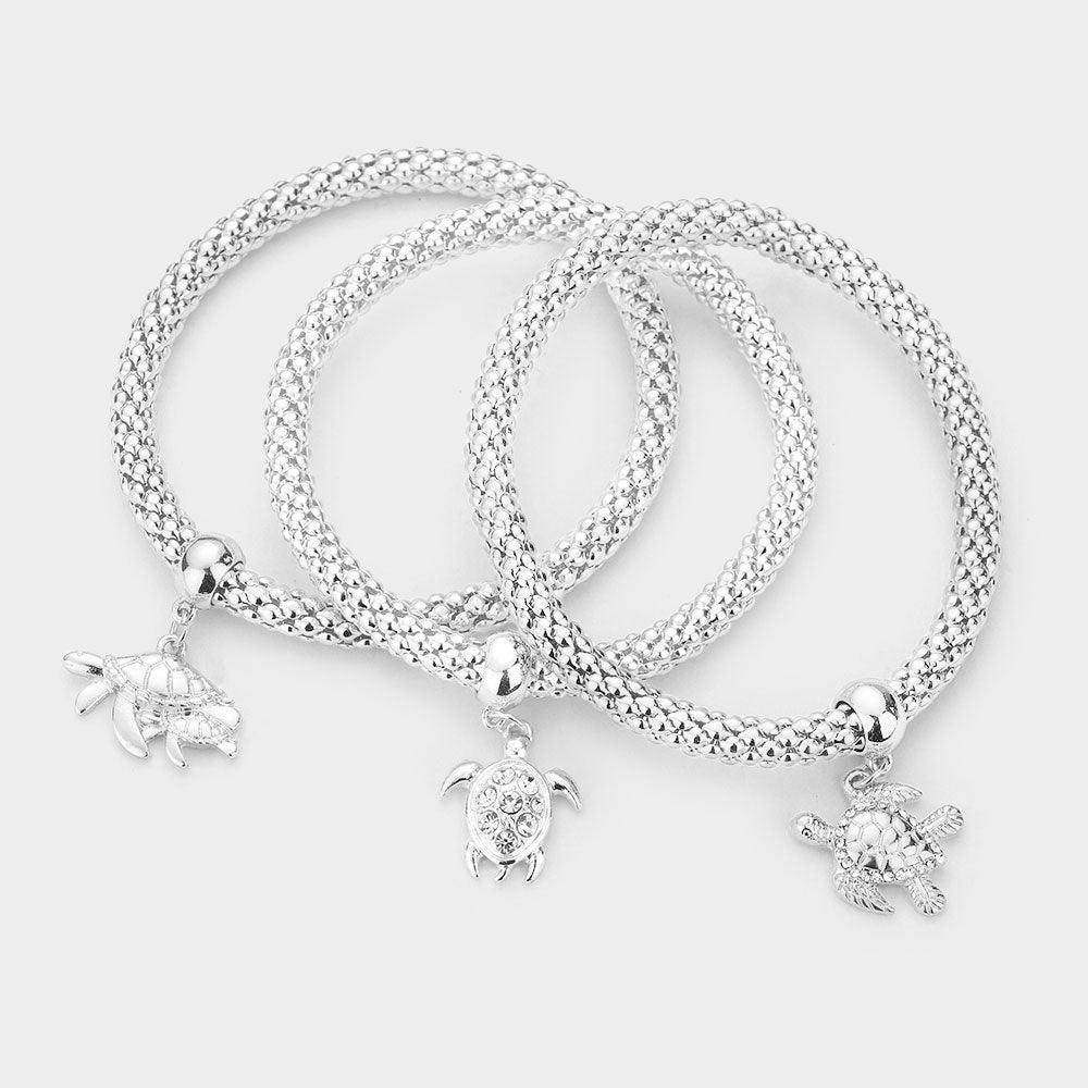 Silver 3PCS Rhinestone Embellished Metal Turtle Charm Stretch Bracelets - Jewelry Store by Erik Rayo