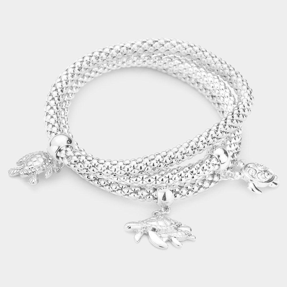 Silver 3PCS Rhinestone Embellished Metal Turtle Charm Stretch Bracelets - Jewelry Store by Erik Rayo