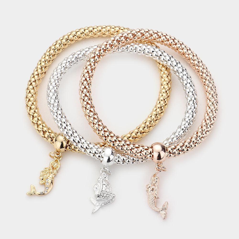 Three Tone 3PCS Rhinestone Embellished Metal Mermaid Charm Stretch Bracelets - Jewelry Store by Erik Rayo