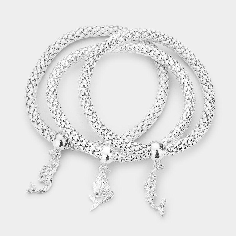 Silver 3PCS Rhinestone Embellished Metal Mermaid Charm Stretch Bracelets - Jewelry Store by Erik Rayo