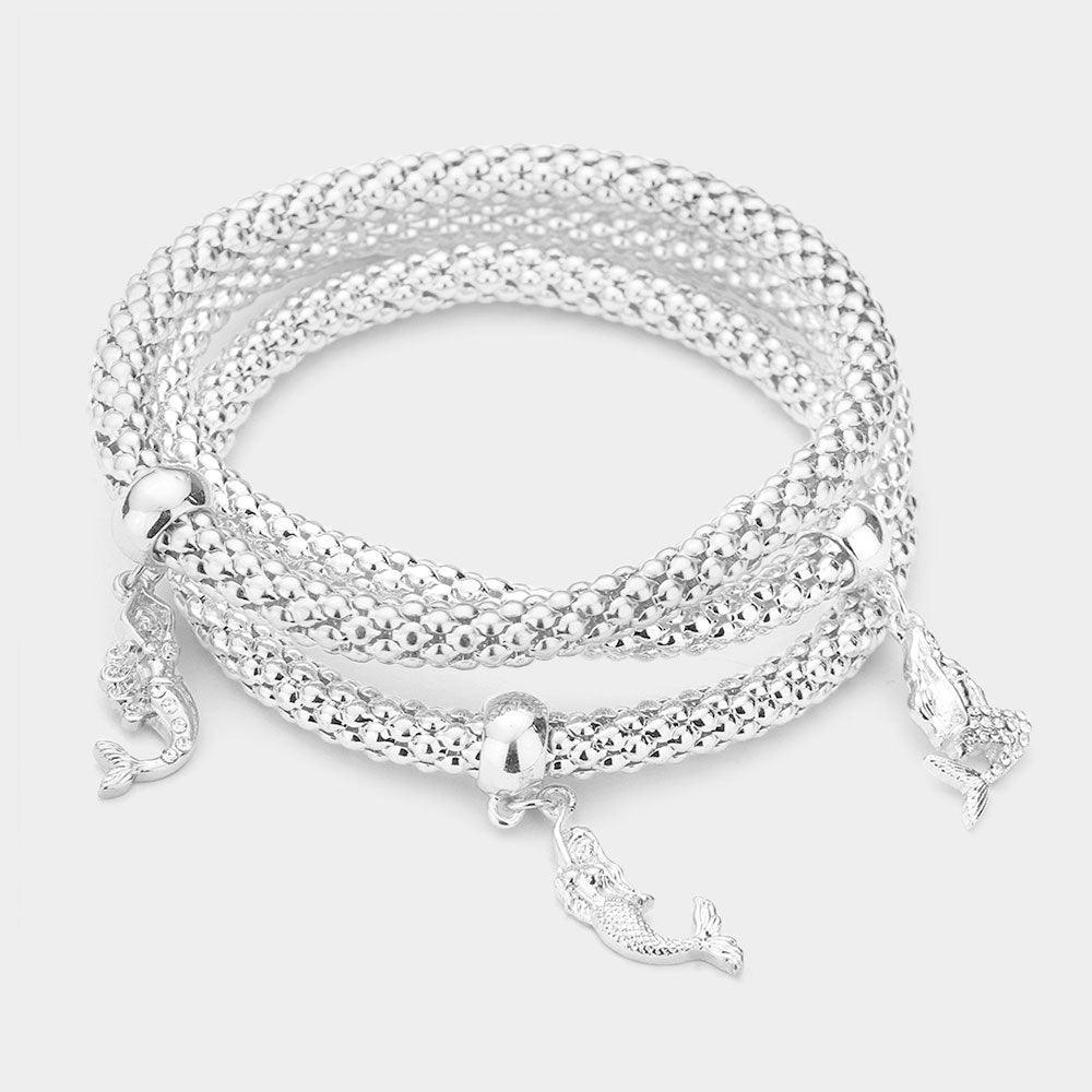 Silver 3PCS Rhinestone Embellished Metal Mermaid Charm Stretch Bracelets - Jewelry Store by Erik Rayo