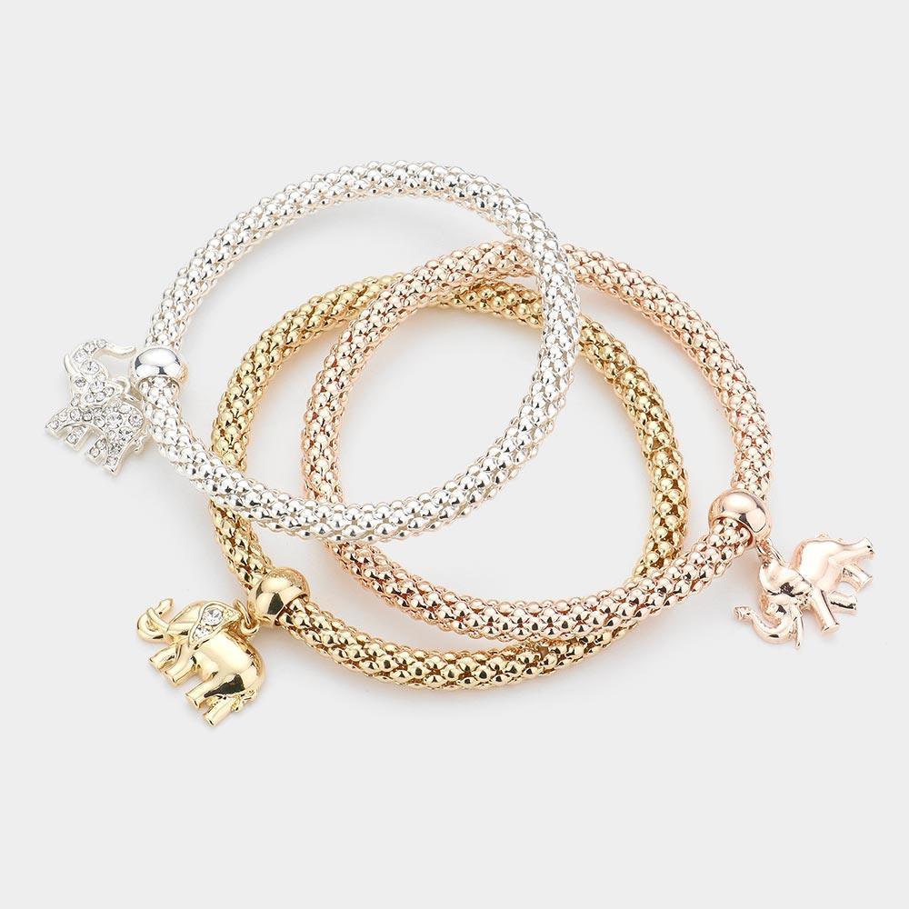 Three Tone 3PCS Rhinestone Embellished Metal Elephant Charm Stretch Bracelets - Jewelry Store by Erik Rayo