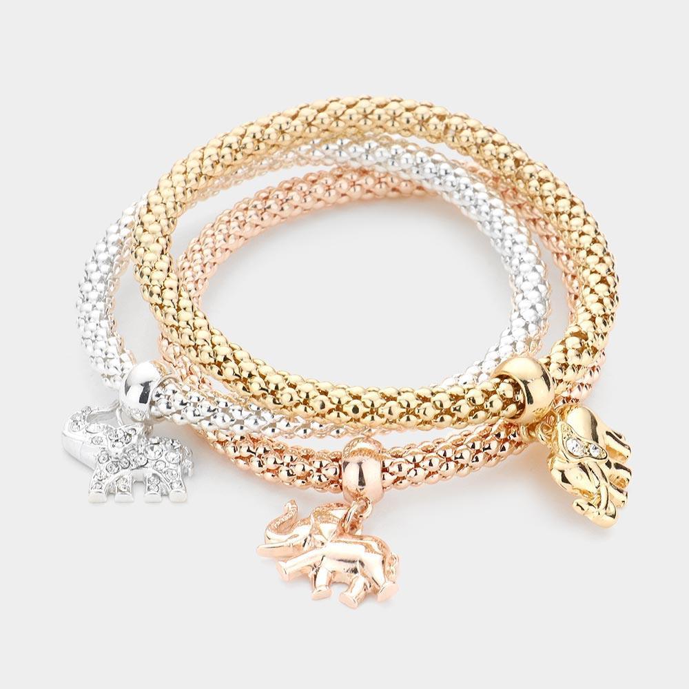 Three Tone 3PCS Rhinestone Embellished Metal Elephant Charm Stretch Bracelets - Jewelry Store by Erik Rayo