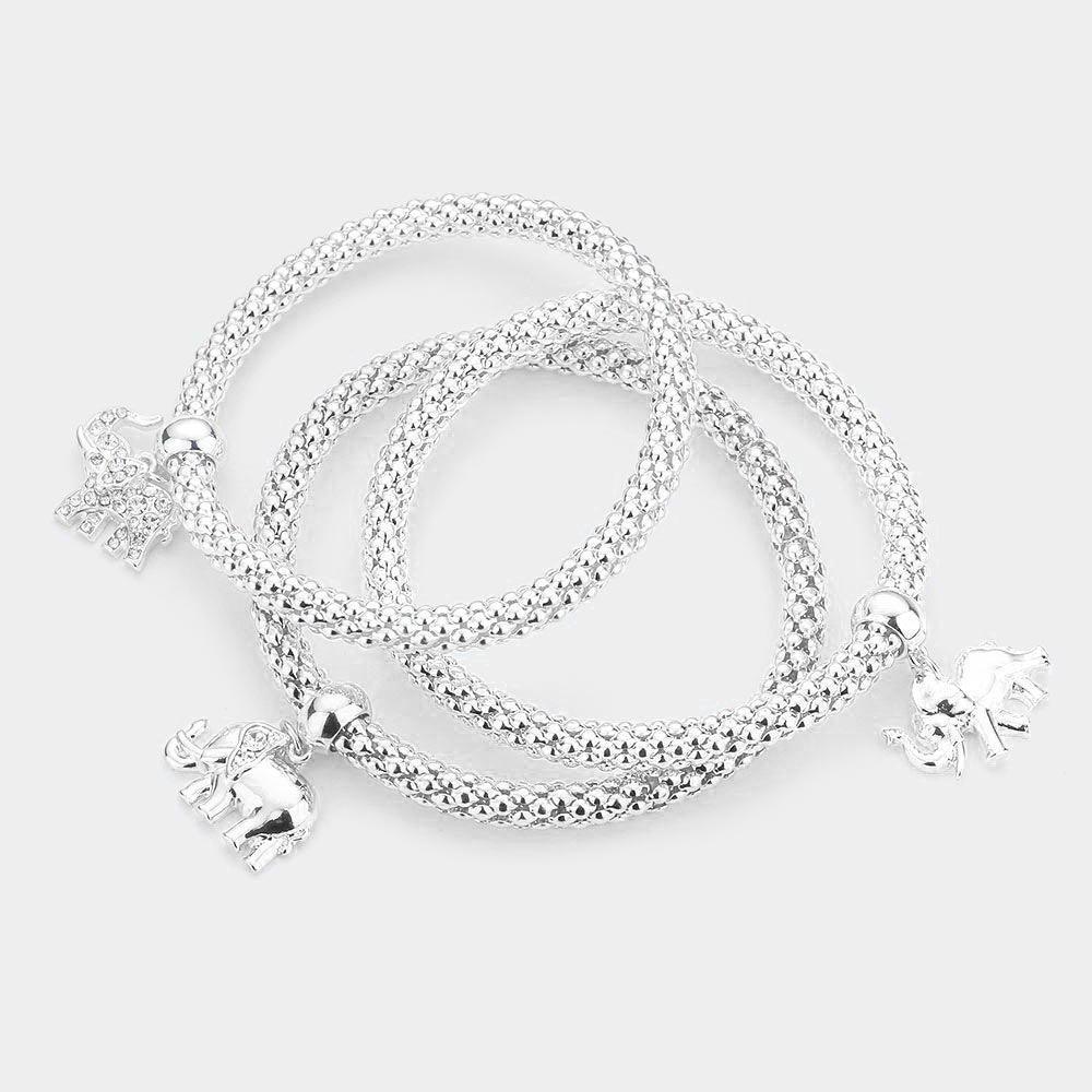 Silver 3PCS Rhinestone Embellished Metal Elephant Charm Stretch Bracelets - Jewelry Store by Erik Rayo