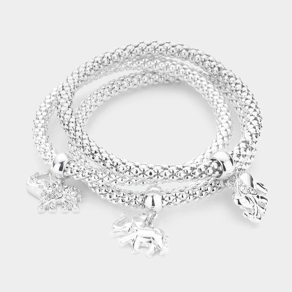 Silver 3PCS  Rhinestone Embellished Metal Elephant Charm Stretch Bracelets