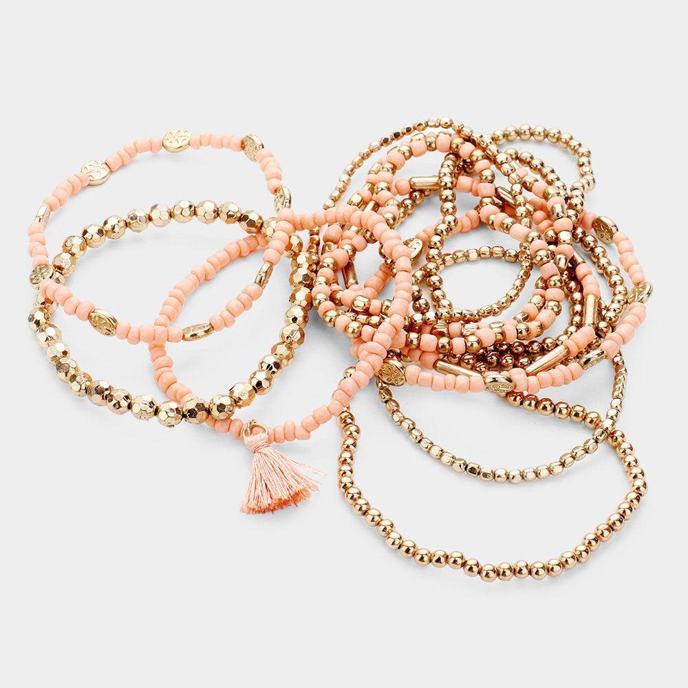 Peach 12PCS Multi Bead Tassel Charm Layered Stretch Bracelets - Jewelry Store by Erik Rayo