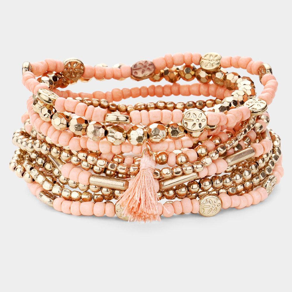 Peach 12PCS  Multi Bead Tassel Charm Layered Stretch Bracelets