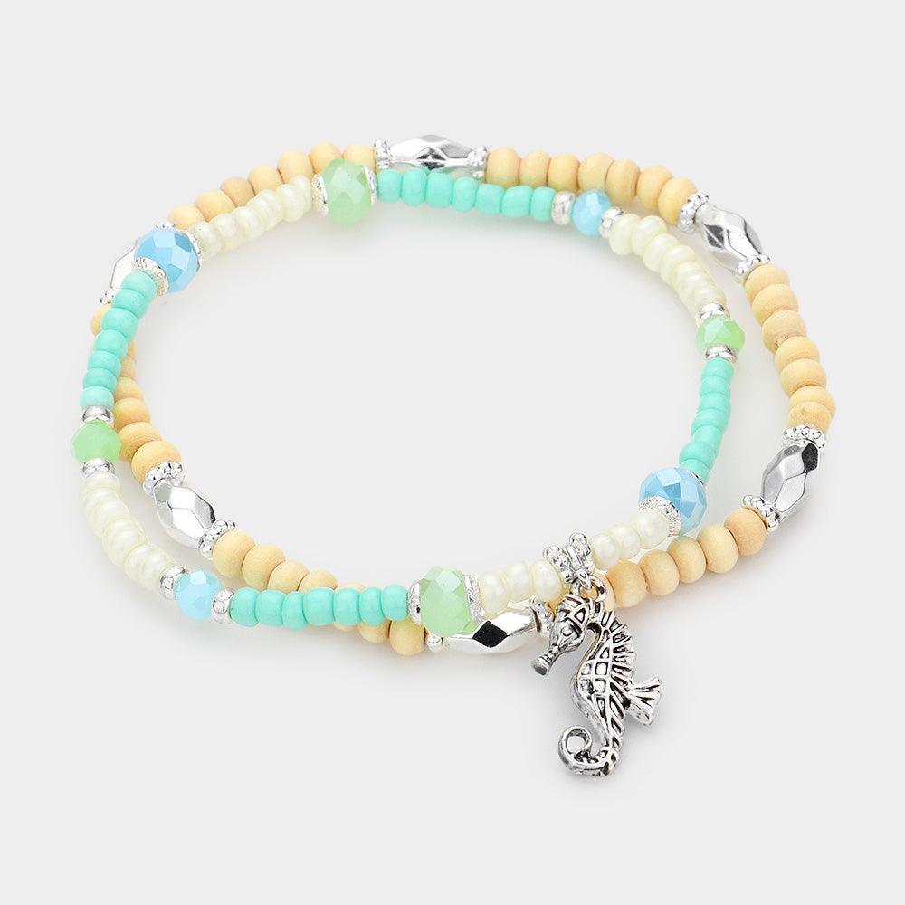 2PCS Seahorse Charm Wood Seed Beaded Stretch Bracelets - Jewelry Store by Erik Rayo