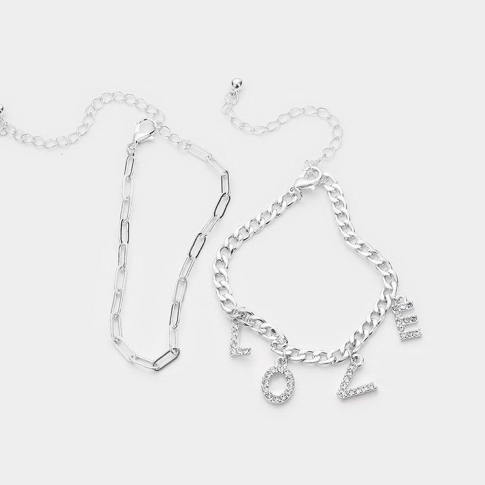 Clear 2PCS LOVE Rhinestone Embellished Metal Chain Bracelets - Jewelry Store by Erik Rayo