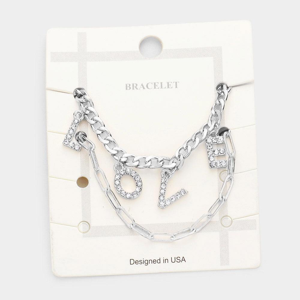 Clear 2PCS LOVE Rhinestone Embellished Metal Chain Bracelets - Jewelry Store by Erik Rayo