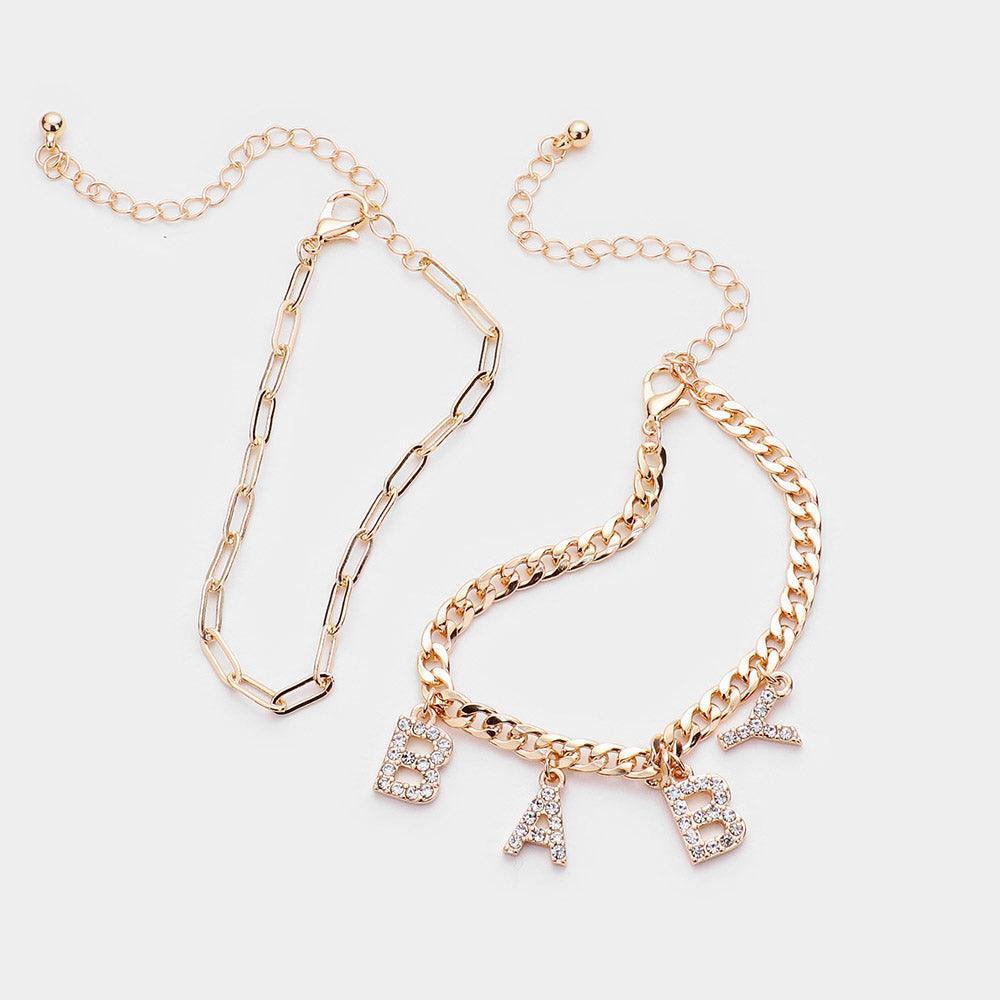 Gold 2PCS BABY Rhinestone Embellished Metal Chain Bracelets - Jewelry Store by Erik Rayo