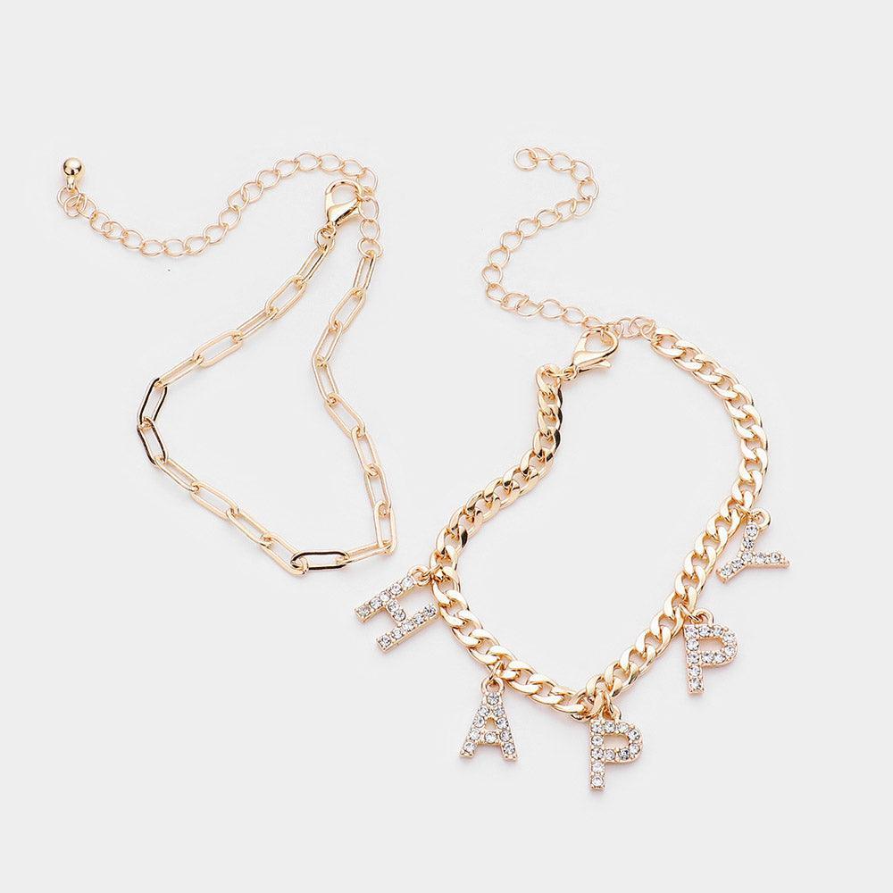 Gold 2PCS HAPPY Rhinestone Embellished Metal Chain Bracelets - Jewelry Store by Erik Rayo