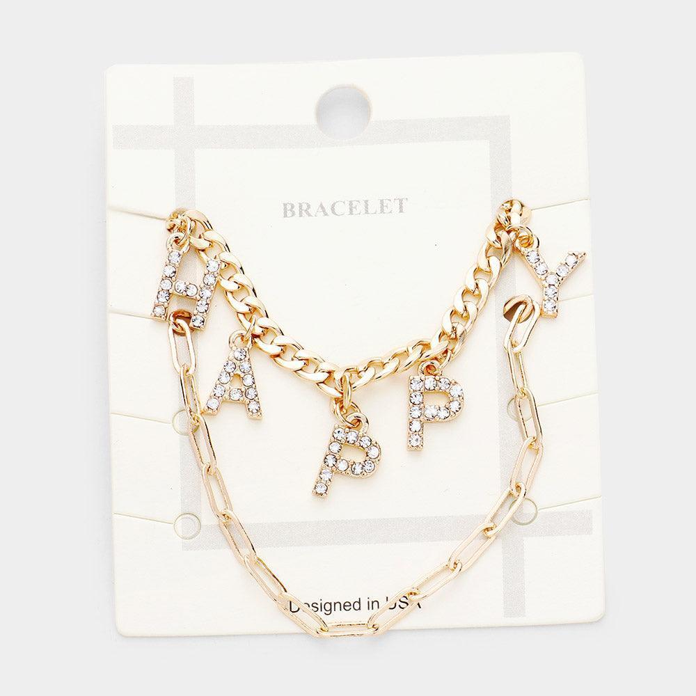 Gold 2PCS HAPPY Rhinestone Embellished Metal Chain Bracelets - Jewelry Store by Erik Rayo