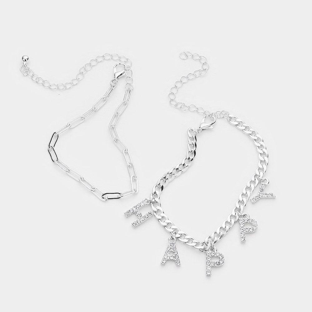 Clear 2PCS HAPPY Rhinestone Embellished Metal Chain Bracelets - Jewelry Store by Erik Rayo
