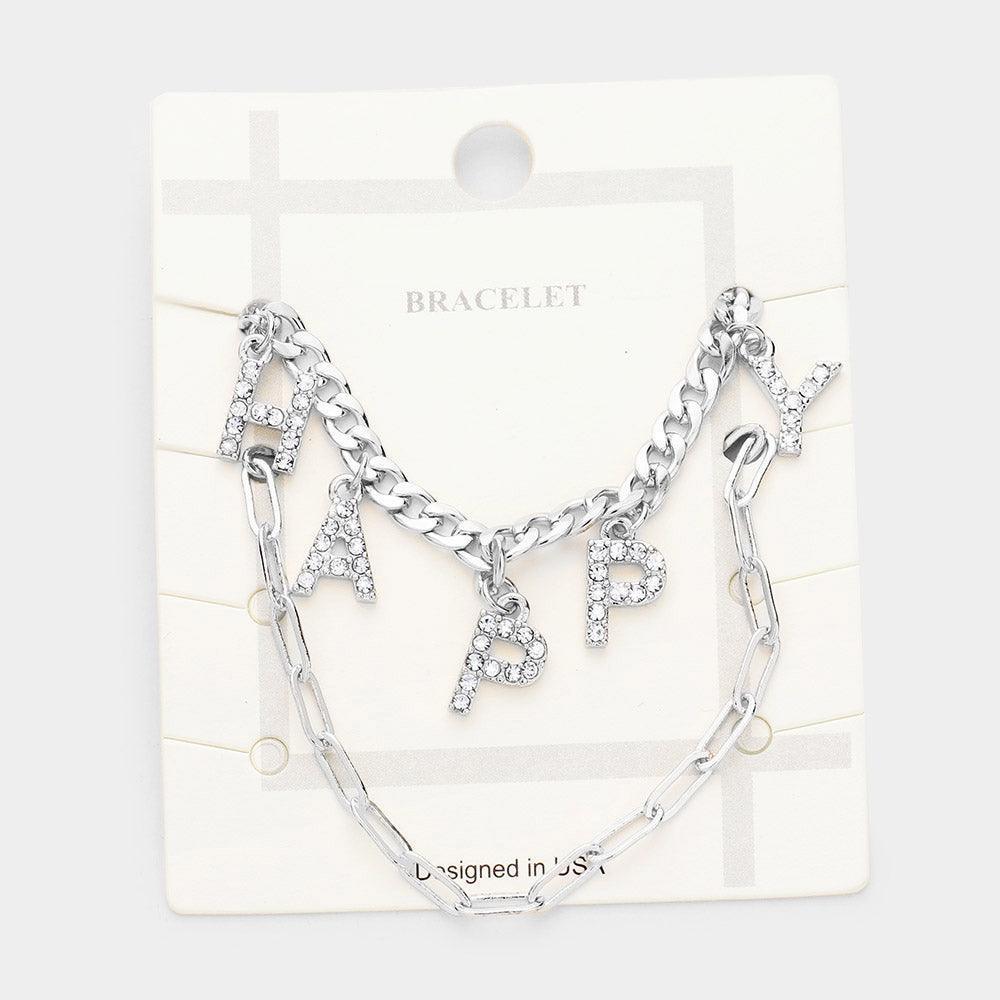 Clear 2PCS HAPPY Rhinestone Embellished Metal Chain Bracelets - Jewelry Store by Erik Rayo