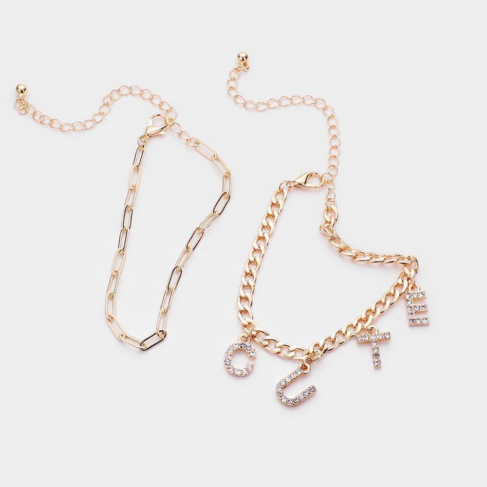 Gold 2PCS CUTE Rhinestone Embellished Metal Chain Bracelets - Jewelry Store by Erik Rayo