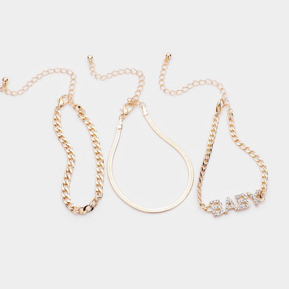 Gold 3PCS BABY Rhinestone Embellished Metal Chain Bracelets - Jewelry Store by Erik Rayo