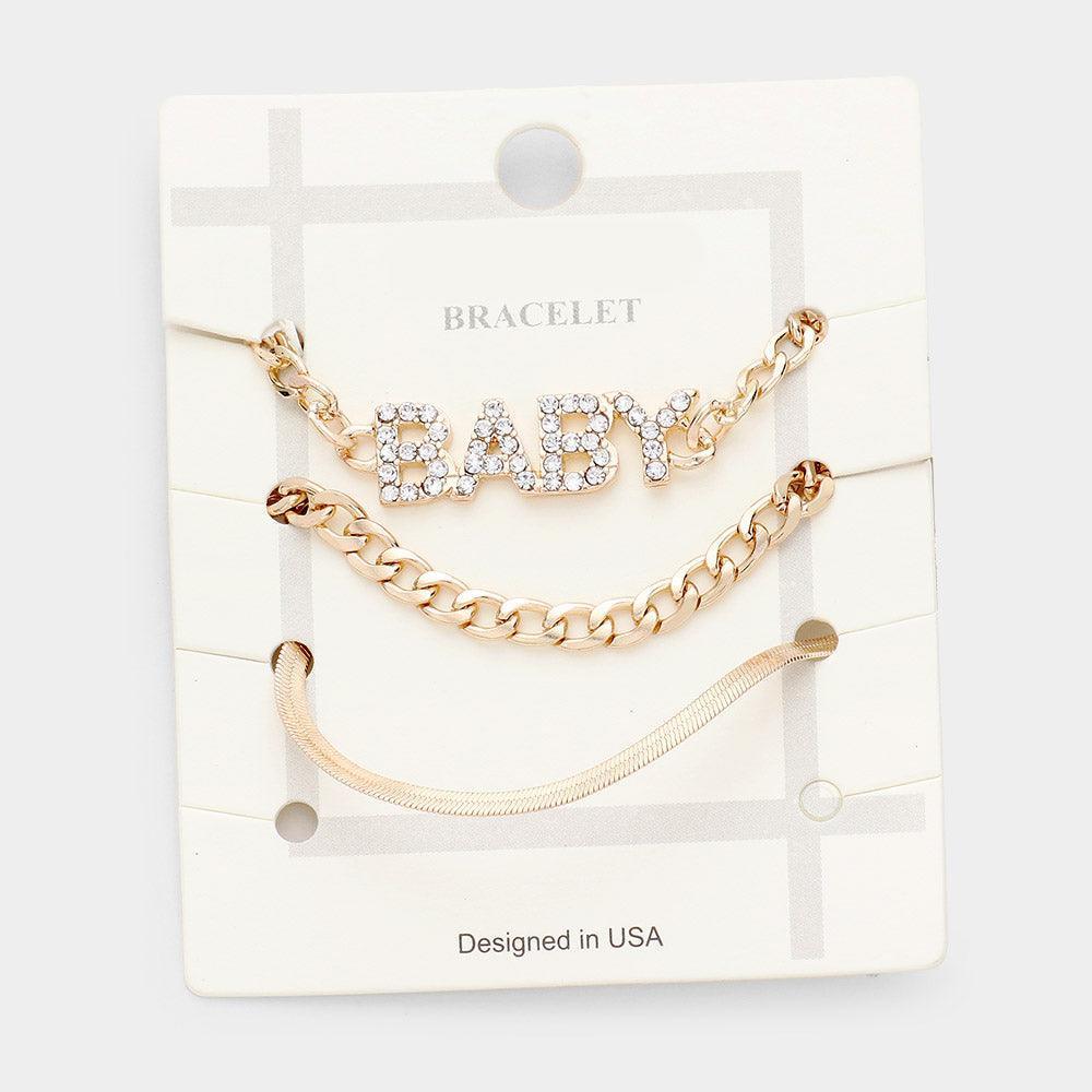 Gold 3PCS BABY Rhinestone Embellished Metal Chain Bracelets - Jewelry Store by Erik Rayo