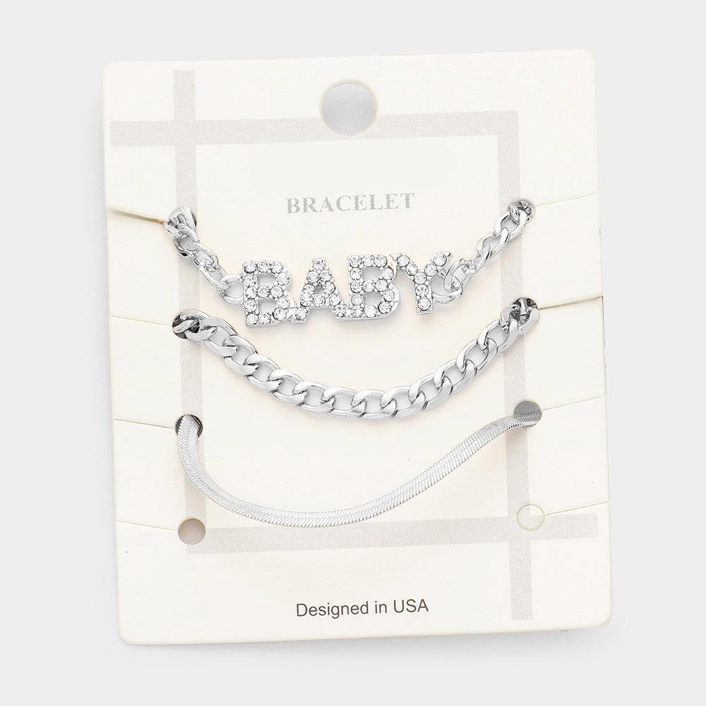 Clear 3PCS BABY Rhinestone Embellished Metal Chain Bracelets - Jewelry Store by Erik Rayo