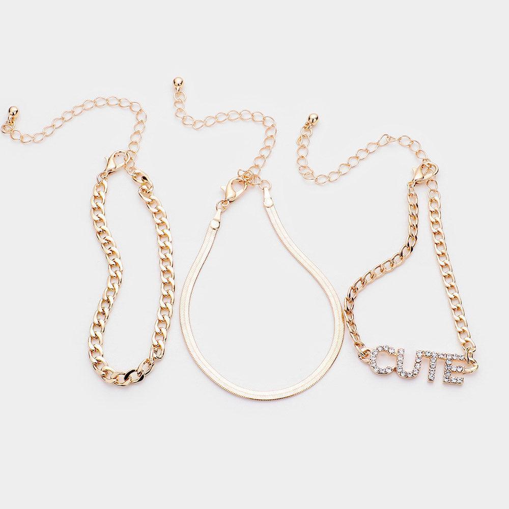 Gold 3PCS CUTE Rhinestone Embellished Metal Chain Bracelets - Jewelry Store by Erik Rayo