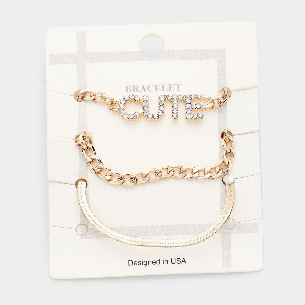 Gold 3PCS CUTE Rhinestone Embellished Metal Chain Bracelets - Jewelry Store by Erik Rayo