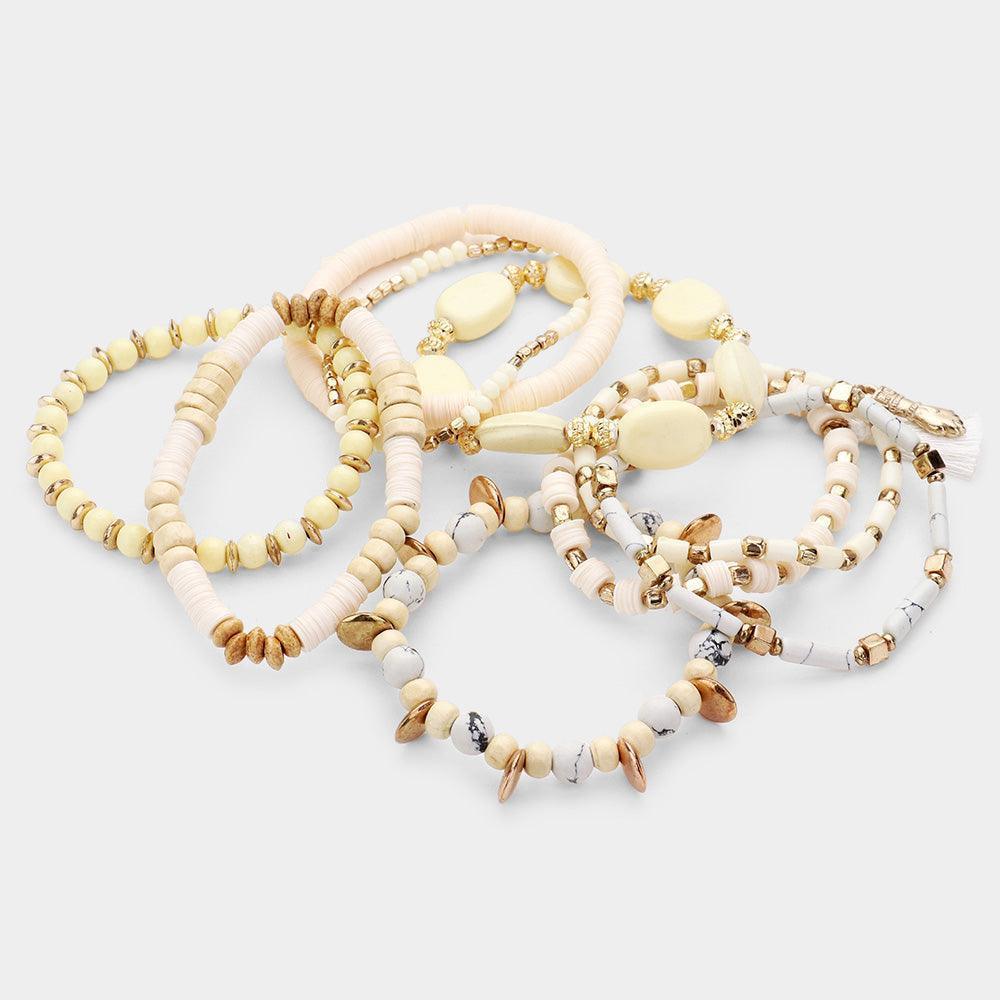 9PCS Boho Wood Multi Bead Tassel Charm Layered Stretch Bracelets - Jewelry Store by Erik Rayo