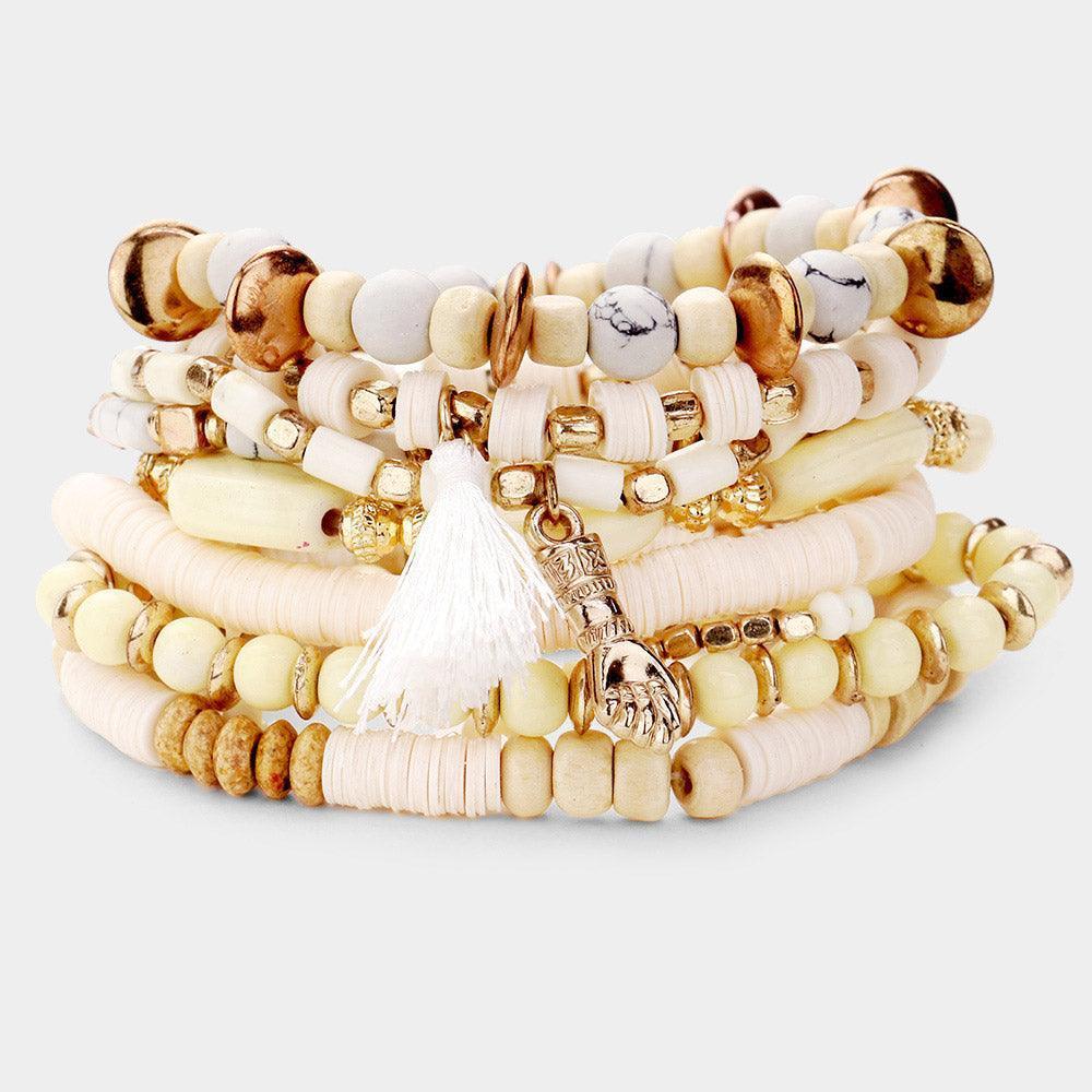 9PCS Boho Wood Multi Bead Tassel Charm Layered Stretch Bracelets - Jewelry Store by Erik Rayo