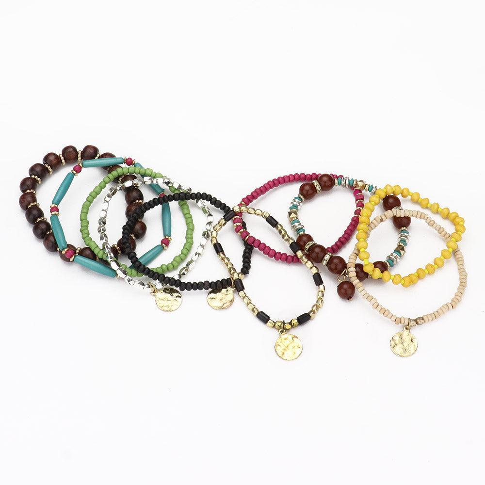 10PCS Metal Disc Charm Wood Multi Beaded Stretch Bracelets - Jewelry Store by Erik Rayo