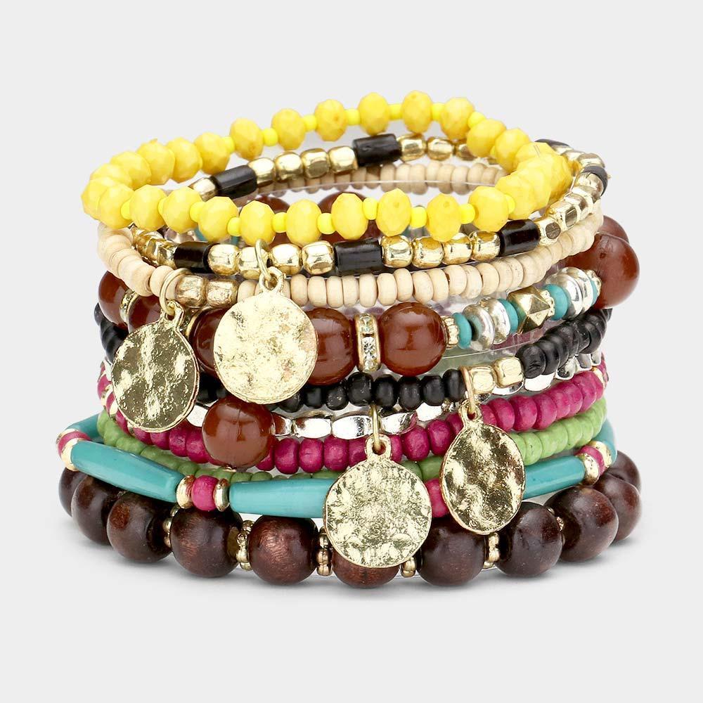 10PCS Metal Disc Charm Wood Multi Beaded Stretch Bracelets - Jewelry Store by Erik Rayo