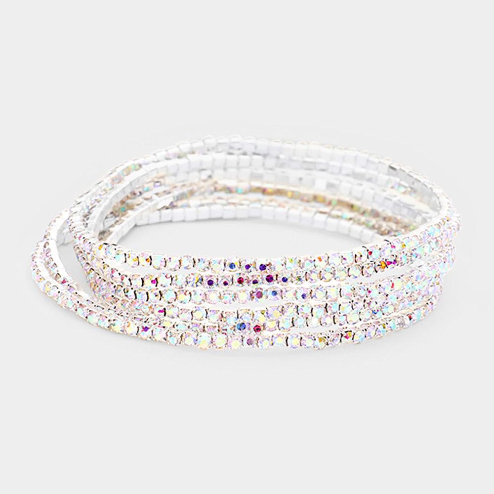 Silver 6PCS  Rhinestone Multi Layered Stretch Evening Bracelets