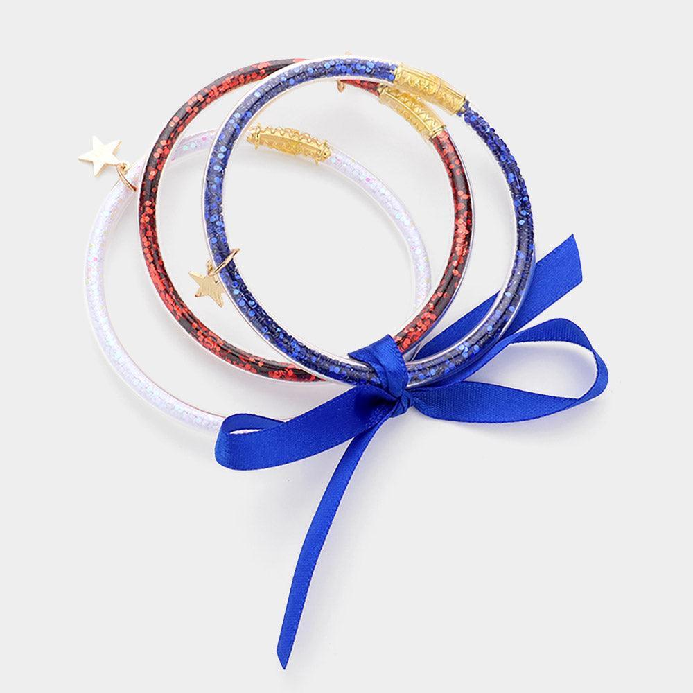 3PCS - Star Charm Accented American USA Glitter Jelly Tube Bangle Bracelet - Jewelry Store by Erik Rayo