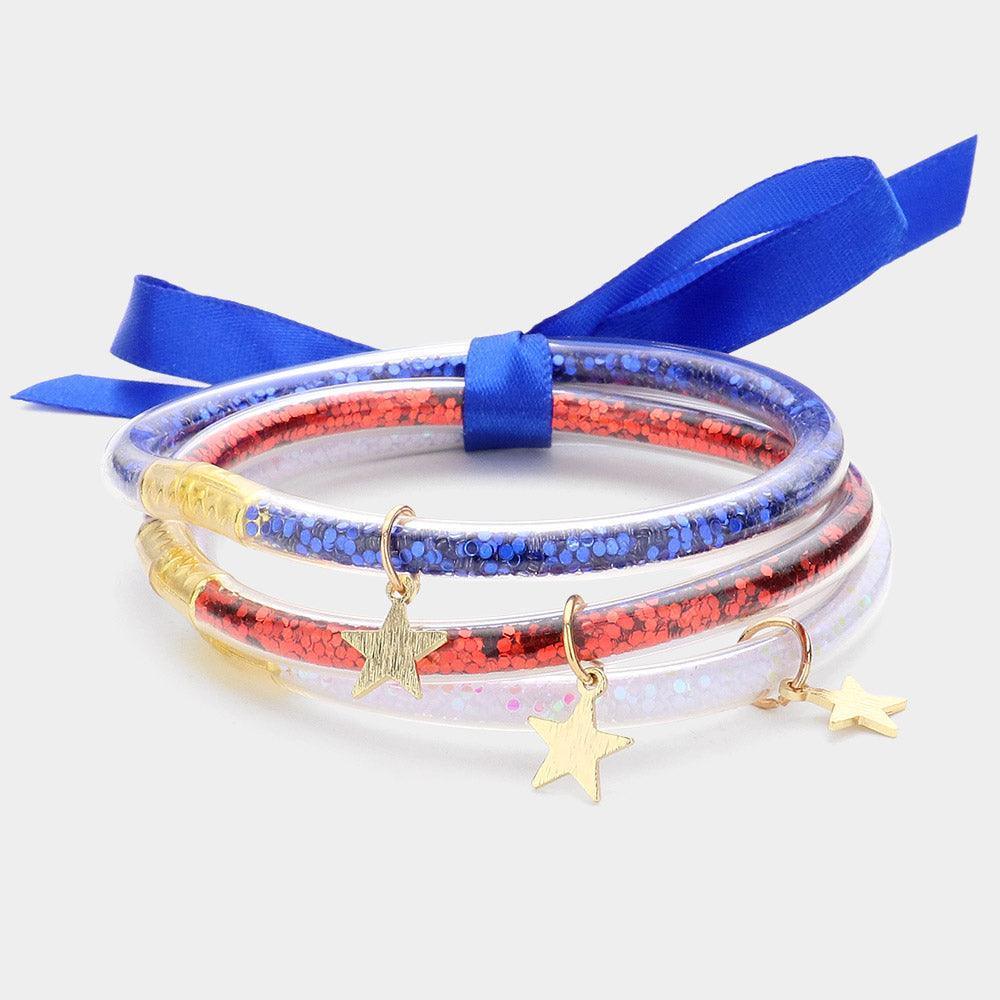 3PCS - Star Charm Accented American USA Glitter Jelly Tube Bangle Bracelet - Jewelry Store by Erik Rayo