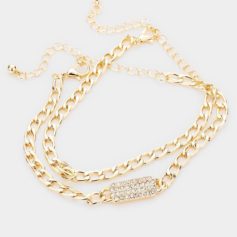 Gold 2PCS Rhinestone Embellished Rectangle Accented Metal Chain Bracelets - Jewelry Store by Erik Rayo