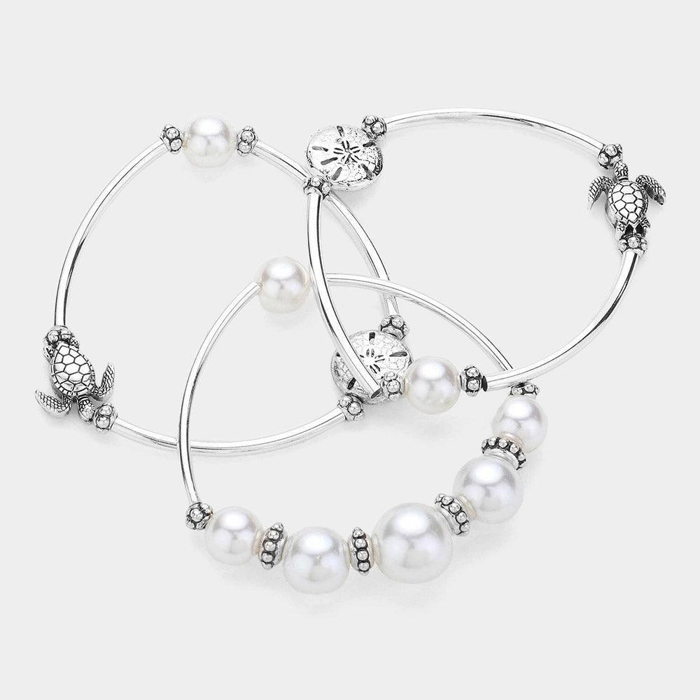 White 3PCS Antique Metal Sea Turtle Sand Dollar Pointed Pearl Stretch Multi Layered Bracelets - Jewelry Store by Erik Rayo