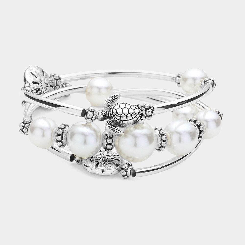 White 3PCS Antique Metal Sea Turtle Sand Dollar Pointed Pearl Stretch Multi Layered Bracelets - Jewelry Store by Erik Rayo