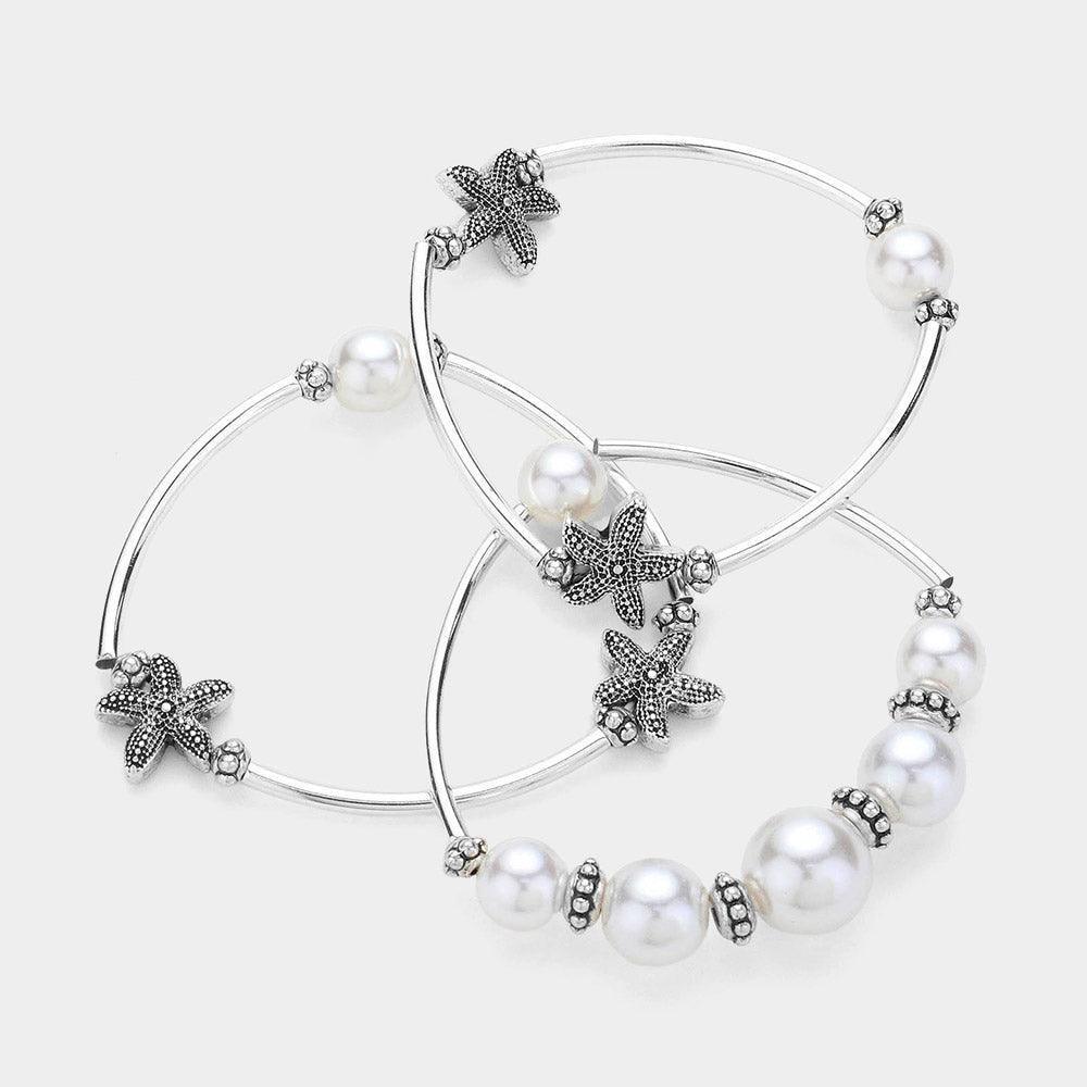 White 3PCS Antique Silver Starfish Pointed Pearl Stretch Multi Layered Bracelets - Jewelry Store by Erik Rayo