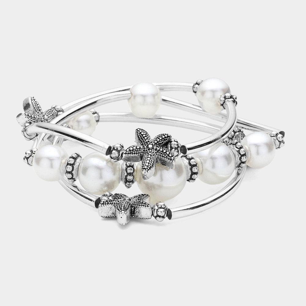 White 3PCS  Antique Silver Starfish Pointed Pearl Stretch Multi Layered Bracelets