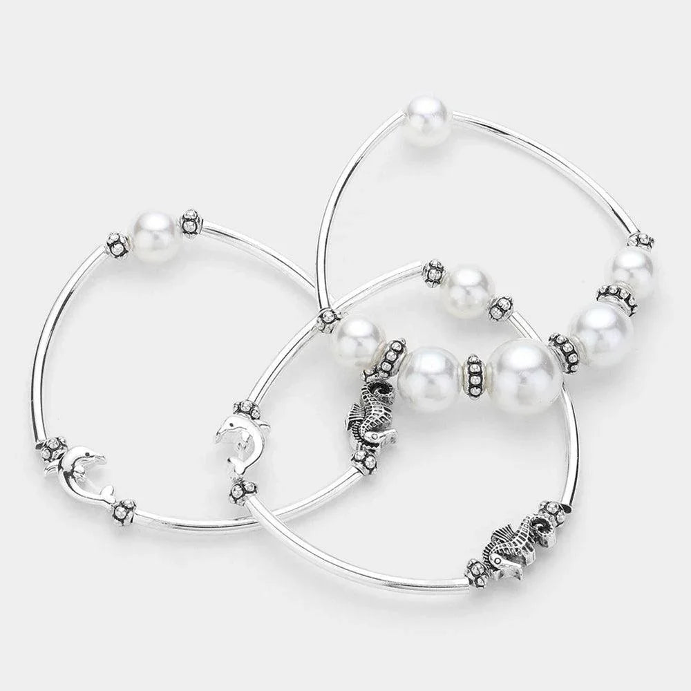 White 3PCS Antique Silver Dolphin Sea Horse Pointed Pearl Stretch Multi Layered Bracelets - Jewelry Store by Erik Rayo