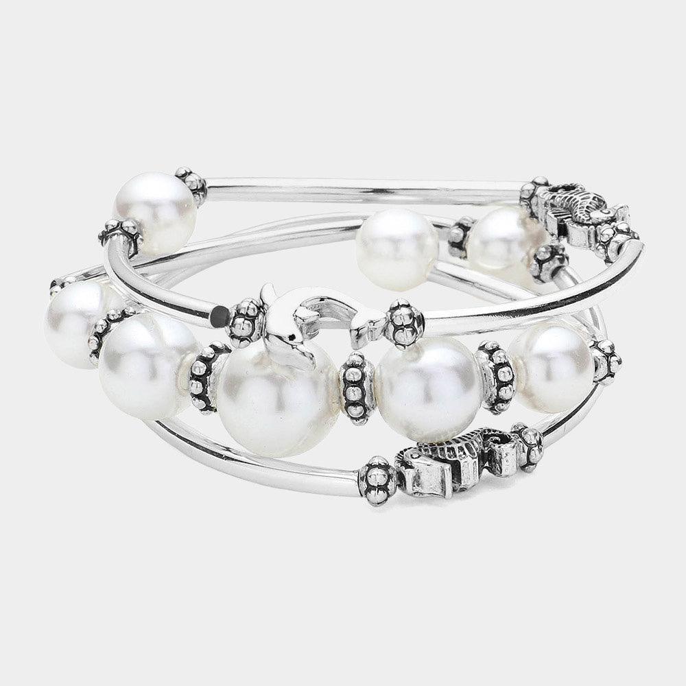 White 3PCS  Antique Silver Dolphin Sea Horse Pointed Pearl Stretch Multi Layered Bracelets